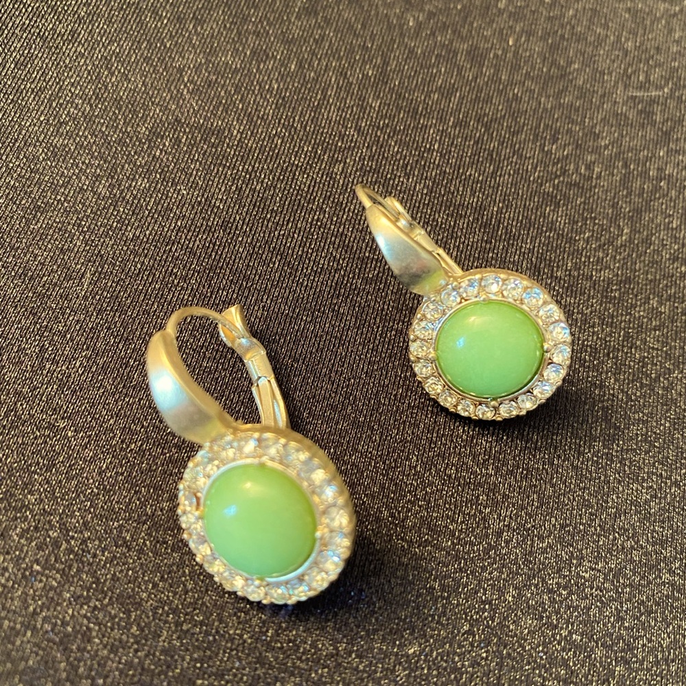 Pierced hanging faux jade circle earrings with jeweled edges - gold tone